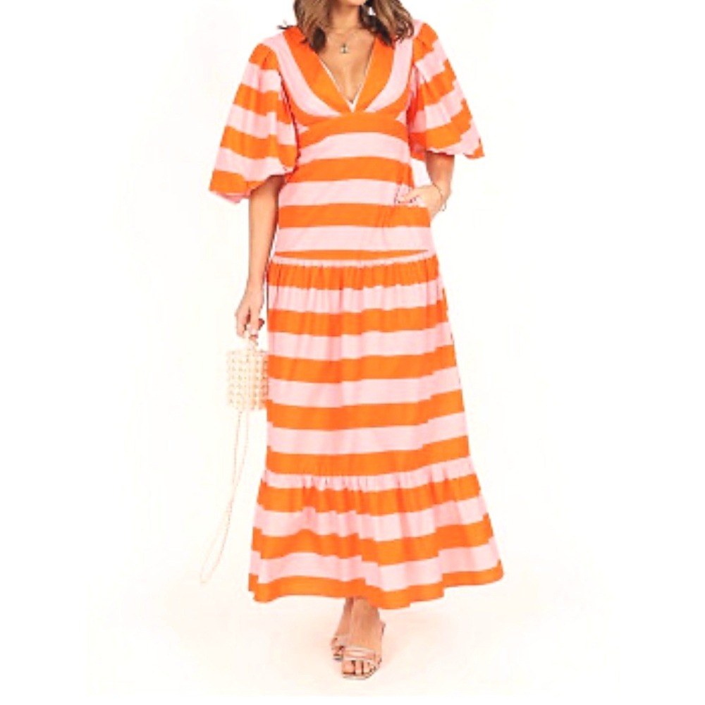Petal&Pup Lucia Puff Sleeve 100% Cotton Maxi Dress Pink Orange Stripe Women US 8